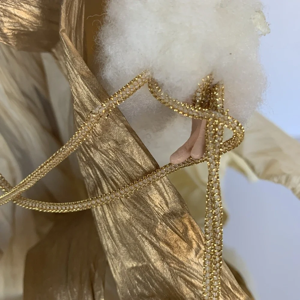 Vtg Paper Mache Fabric Faux Fur Angel Tree Topper Table Decor Cream Gold 16